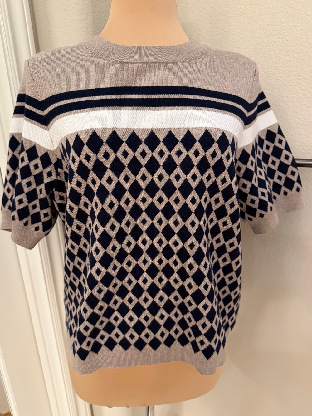 Adrianna Papell Geo Jacquard Short Sleeve Sweater Oatmeal Blue Large